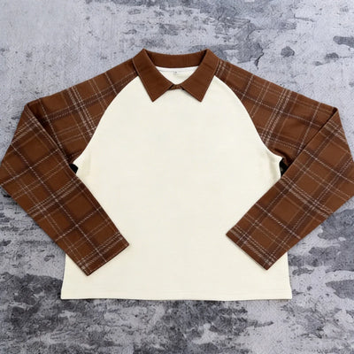 Luxe zware T-shirt met op maat gemaakte ruitprint, wafelstructuur, lange mouwen, 100% katoen, voor heren — Zwart