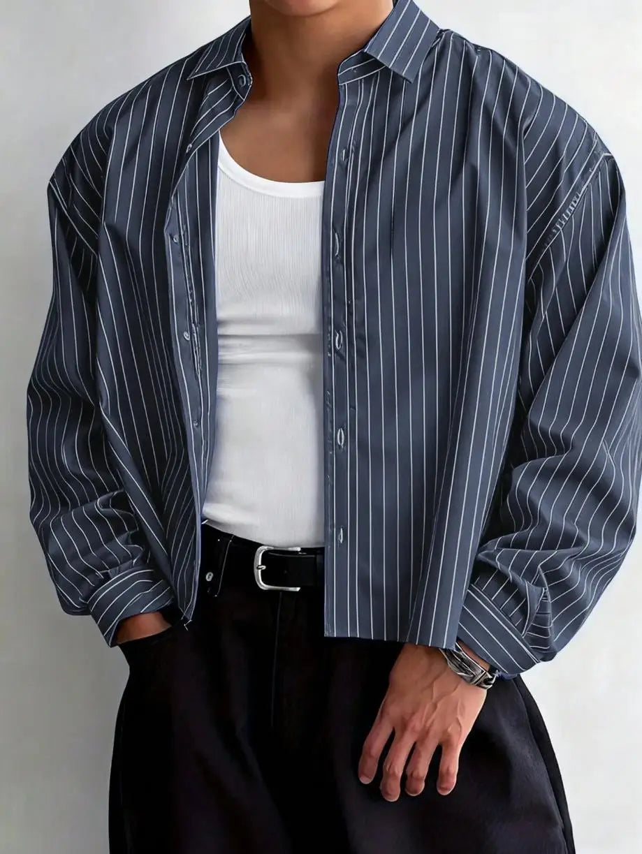 Casual cropped shirt | Lange mouwen | Gestreept ontwerp - Navy blue - POUEV