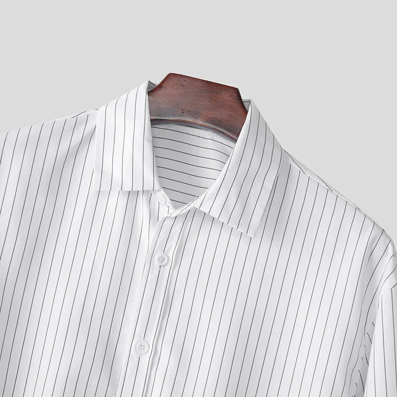 Nieuwe Britse Retro Mannen Gestreepte Shirts Trendy Losse Revers Vest Met Lange Mouwen Tops Herfst Vrije Tijd Hoge Kwaliteit Basic Blouse S-2XL