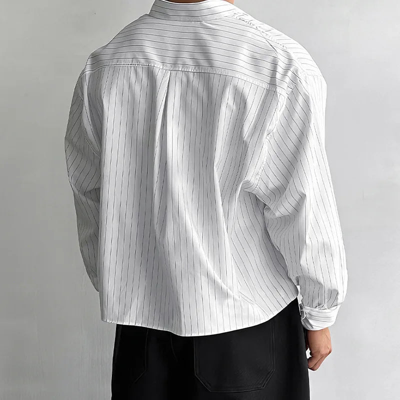 Nieuwe Britse Retro Mannen Gestreepte Shirts Trendy Losse Revers Vest Met Lange Mouwen Tops Herfst Vrije Tijd Hoge Kwaliteit Basic Blouse S-2XL