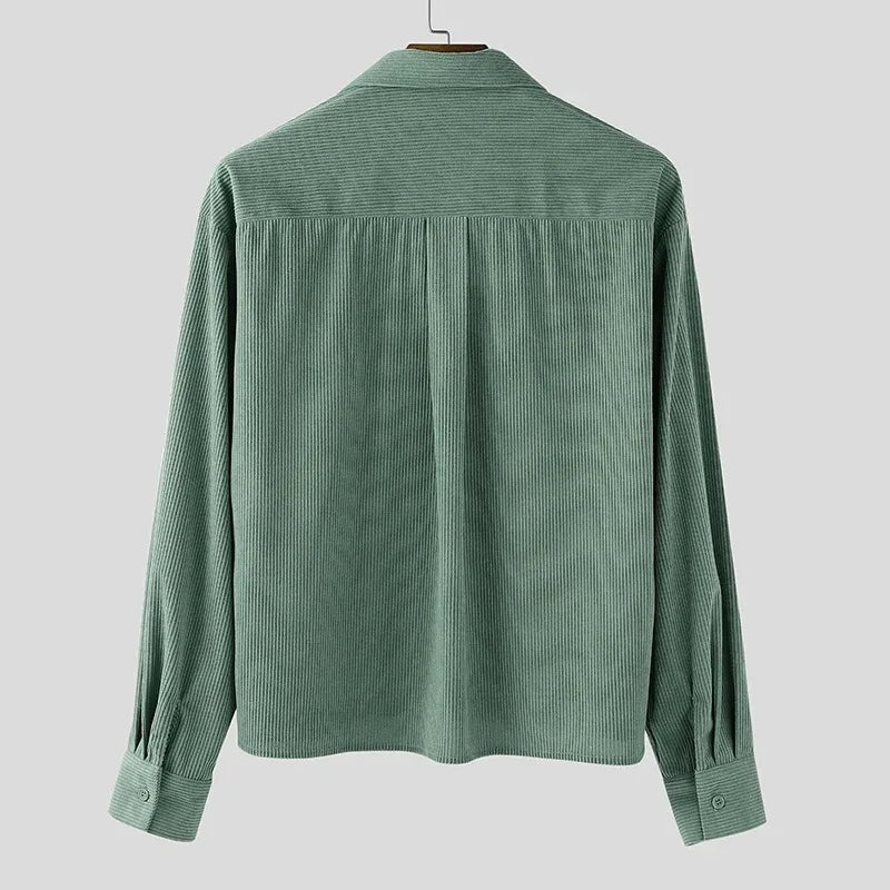 Herfst Mannen Corduroy Cropped Shirts Lange Mouw Effen Kleur Pak Kraag Casual Blouse Amerikaanse Retro Premium Losse Vest Tops