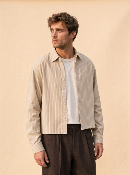 Gestreept cropped shirt | Casual herenmode | Langarm streetwear blouse - Beige - POUEV