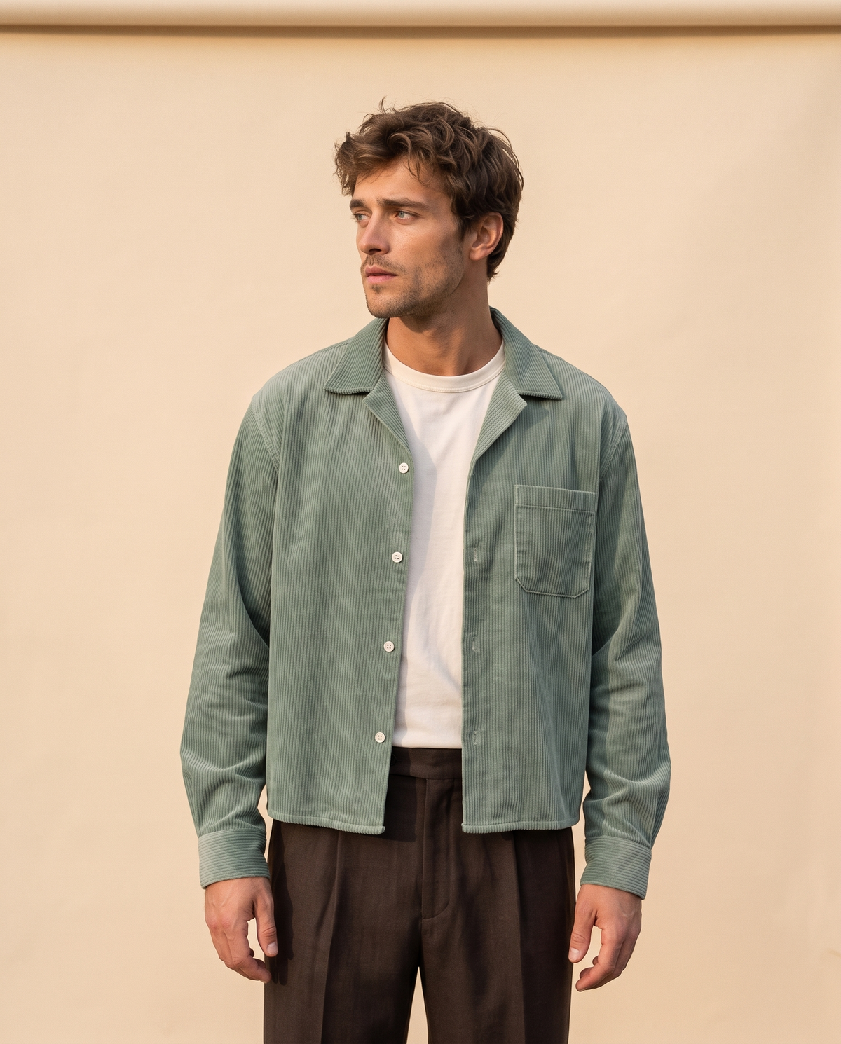 Herfst Mannen Corduroy Cropped Shirts Lange Mouw Effen Kleur Pak Kraag Casual Blouse Amerikaanse Retro Premium Losse Vest Tops - POUEV