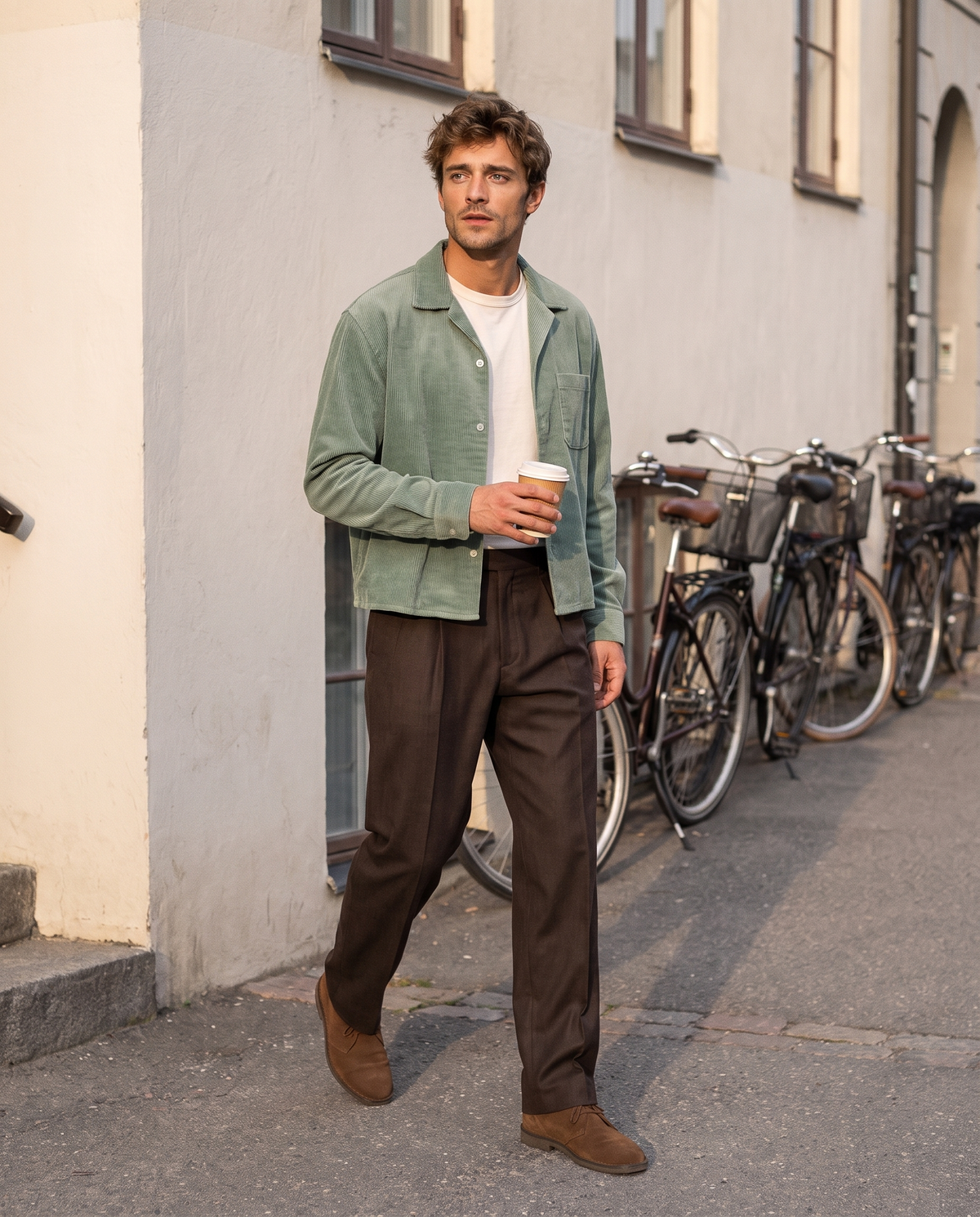Herfst Mannen Corduroy Cropped Shirts Lange Mouw Effen Kleur Pak Kraag Casual Blouse Amerikaanse Retro Premium Losse Vest Tops - POUEV
