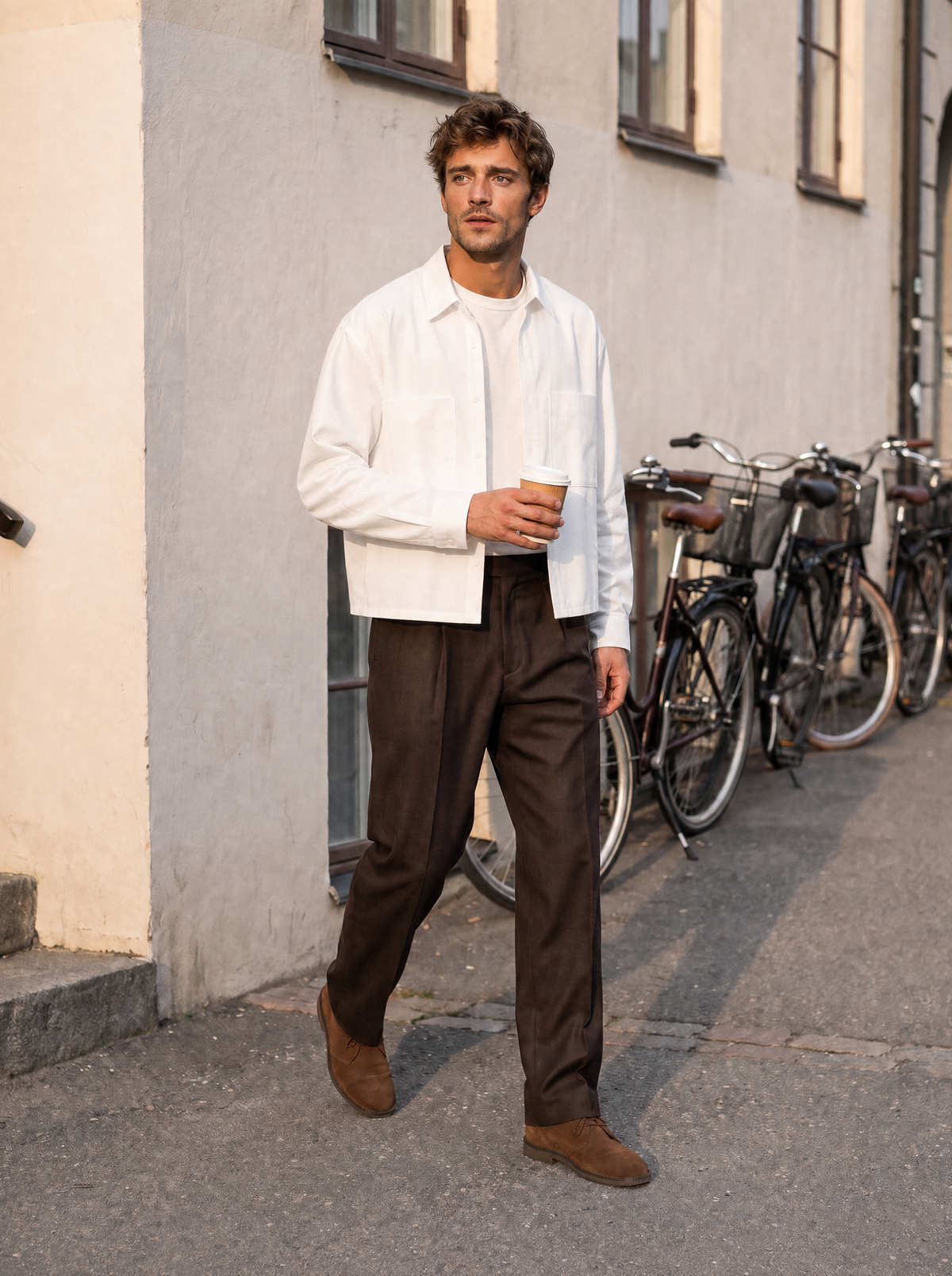 Man in wit cropped overhemd loopt met koffie door een straat met fietsen