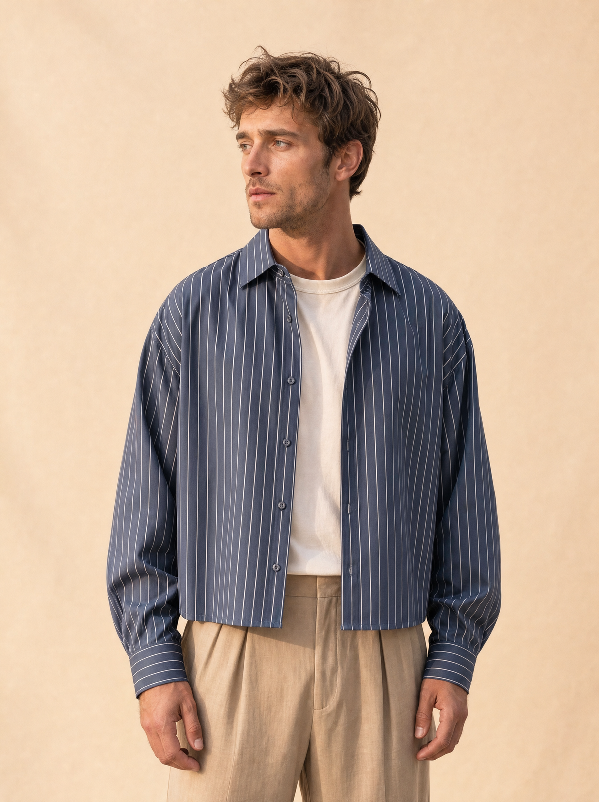 Casual cropped shirt | Lange mouwen | Gestreept ontwerp - Navy blue - POUEV