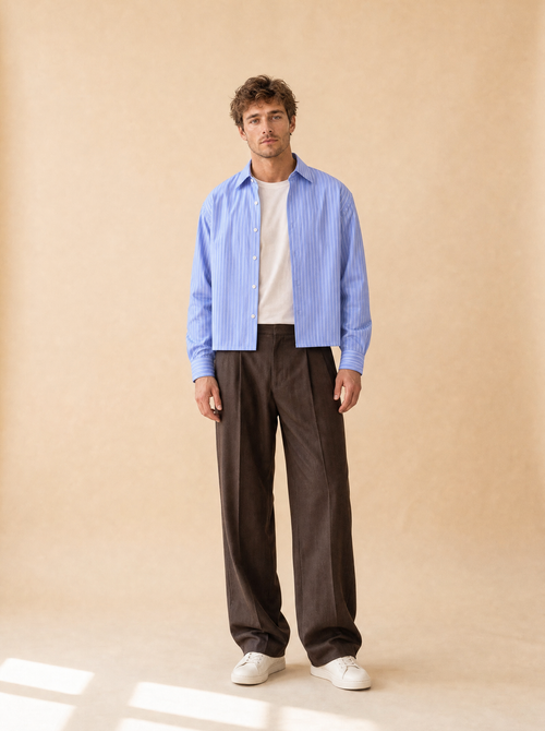 Gestreept cropped shirt | Casual herenmode | Lange mouwen - Oceaan blauw - POUEV