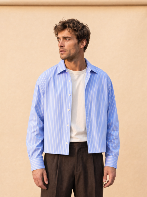 Gestreept cropped shirt | Casual herenmode | Lange mouwen - Oceaan blauw - POUEV
